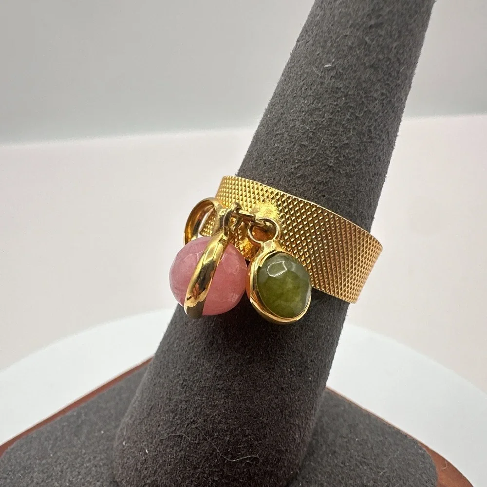 Vintage Y2K Gold Tone Stone Charm Mesh Band Ring Women's Classic Fashion Jewelry